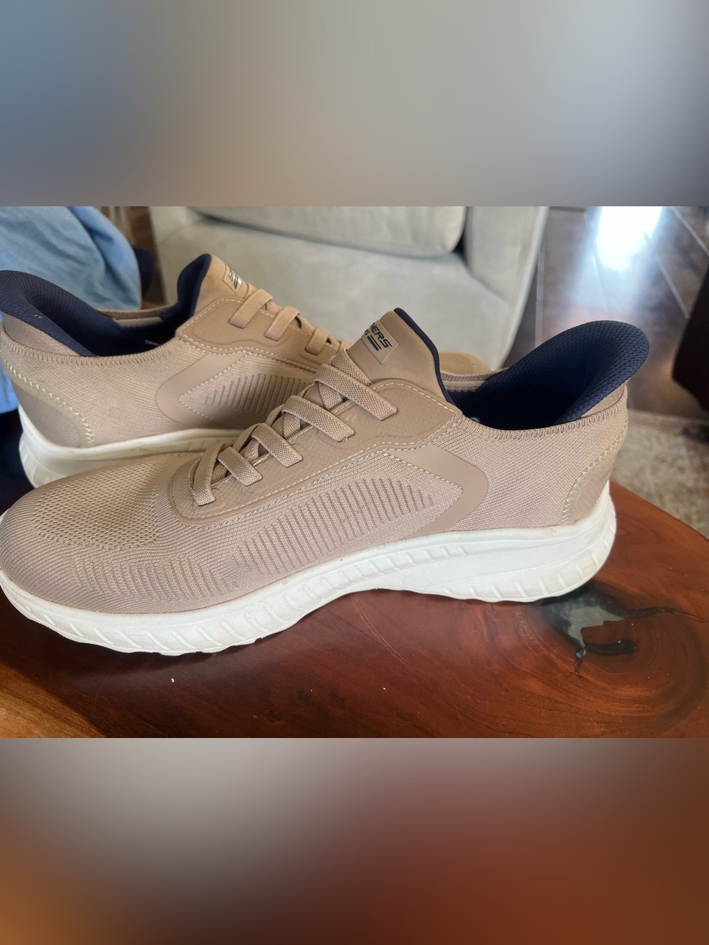 Skechers Men's Beige Knit Athletic Slip-On Sneakers with Navy Lining - Picture 5 of 5